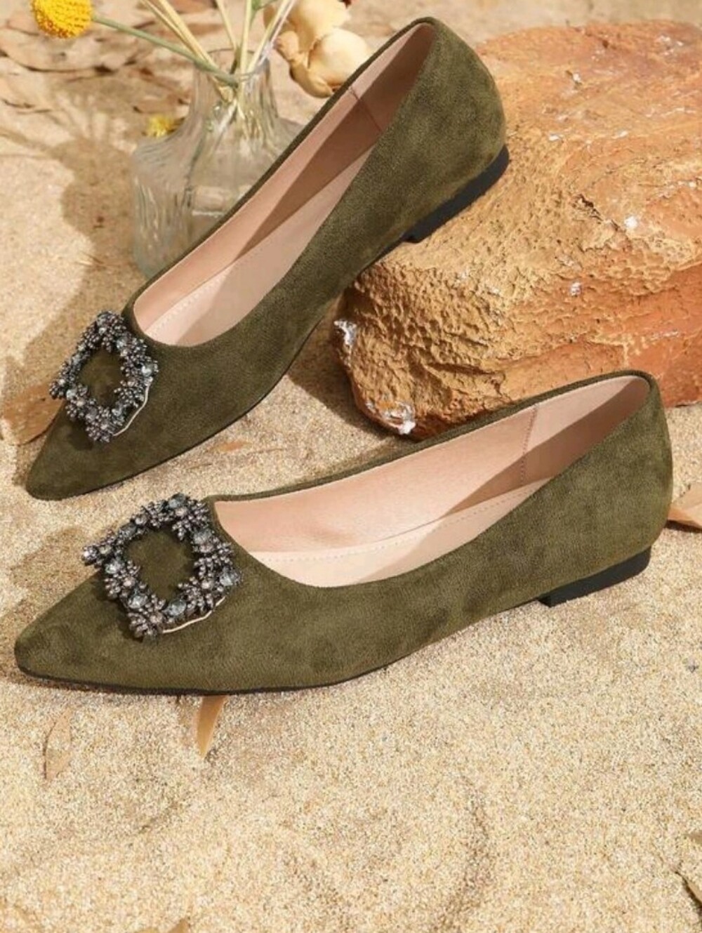 Olive Green Pointed Toe Flats with Jeweled Buckle